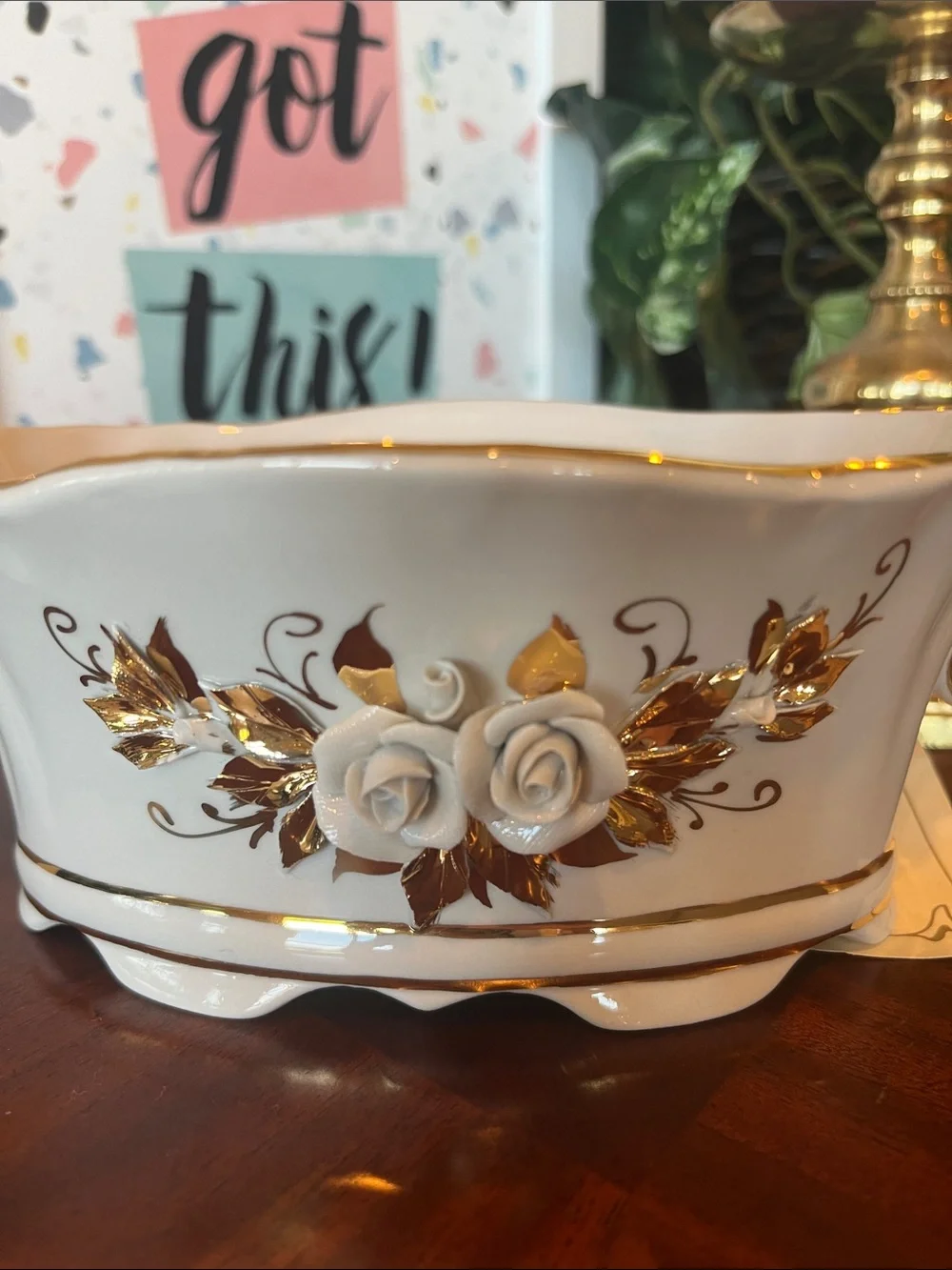 FENIX White and Gold Porcelain Decorative Serving Bowl with Handles